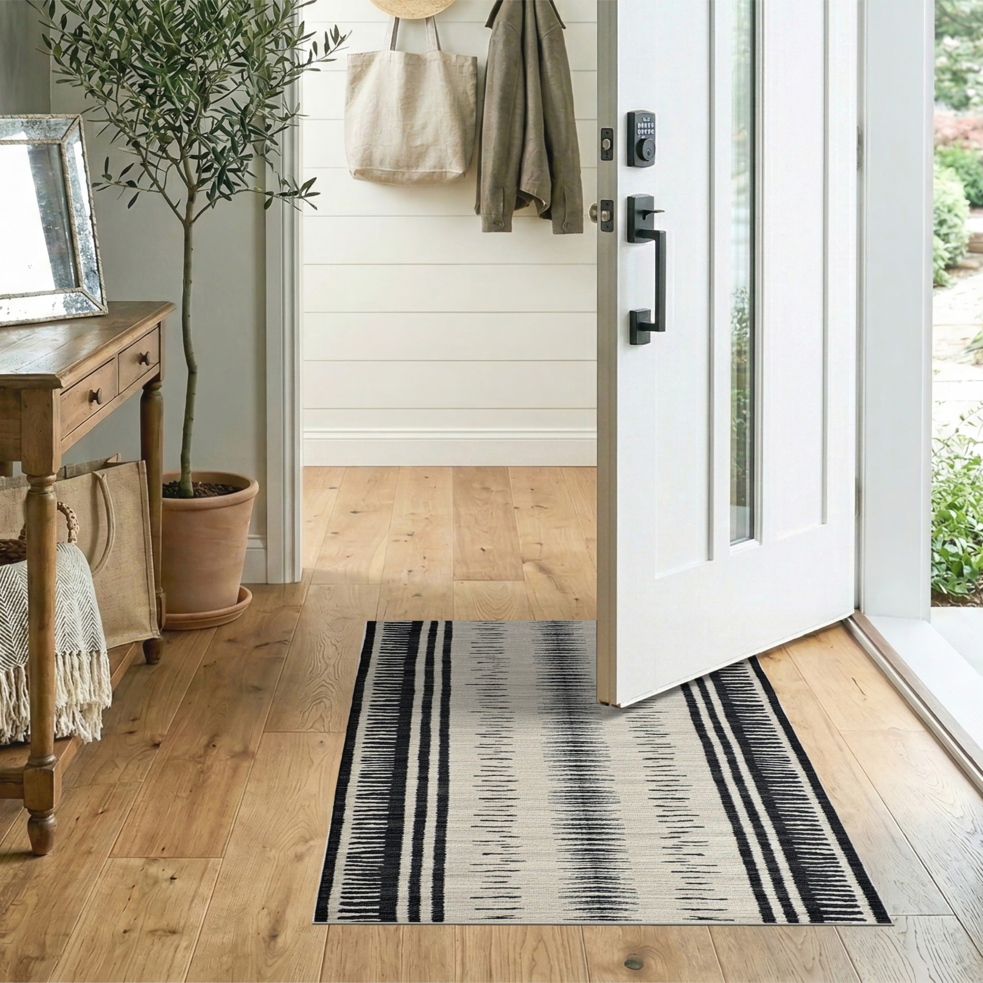 Bold Black White Tribal Stripe Rug