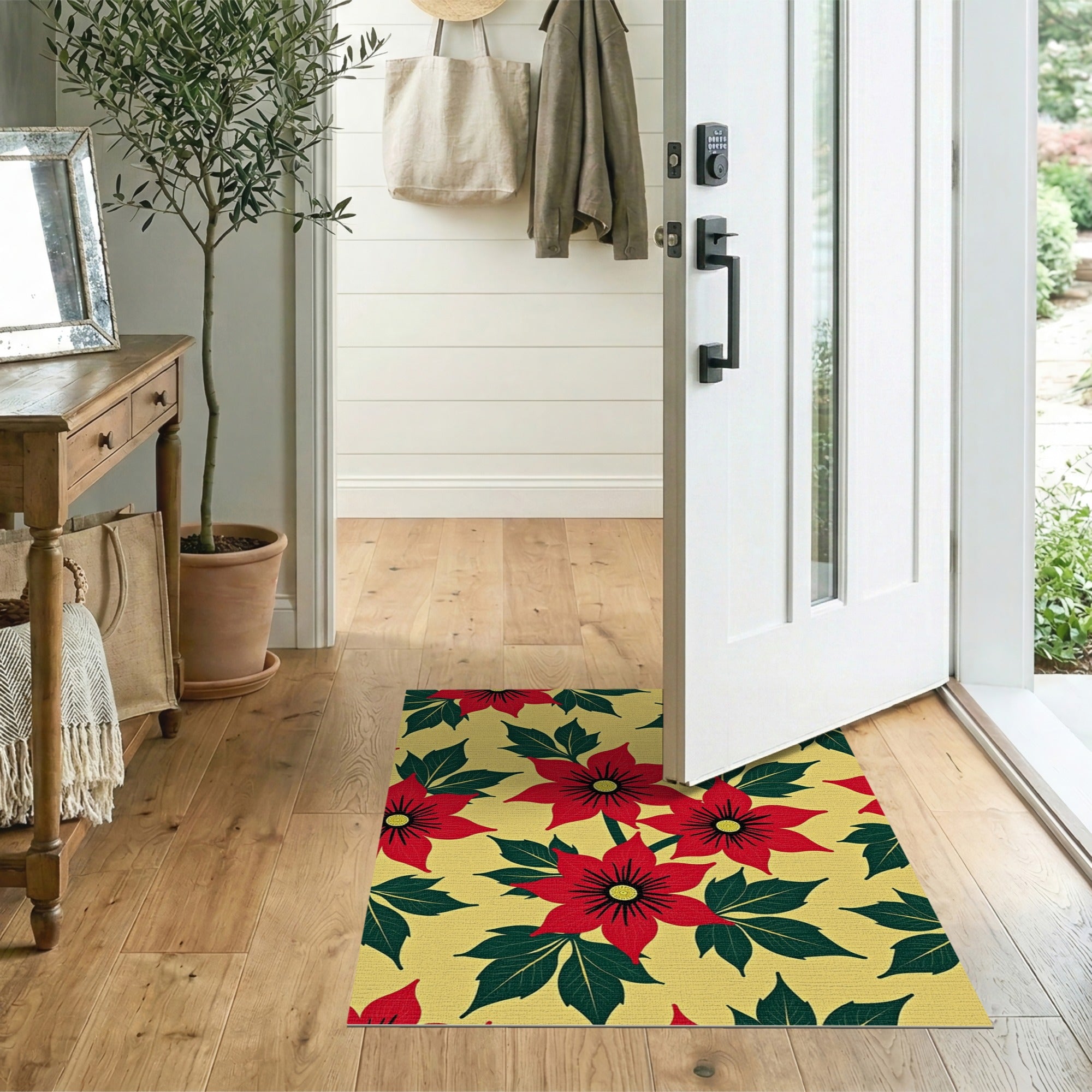 Floral Vintage Multi-color and Patterns Red Poinsettia Floral Area Rug