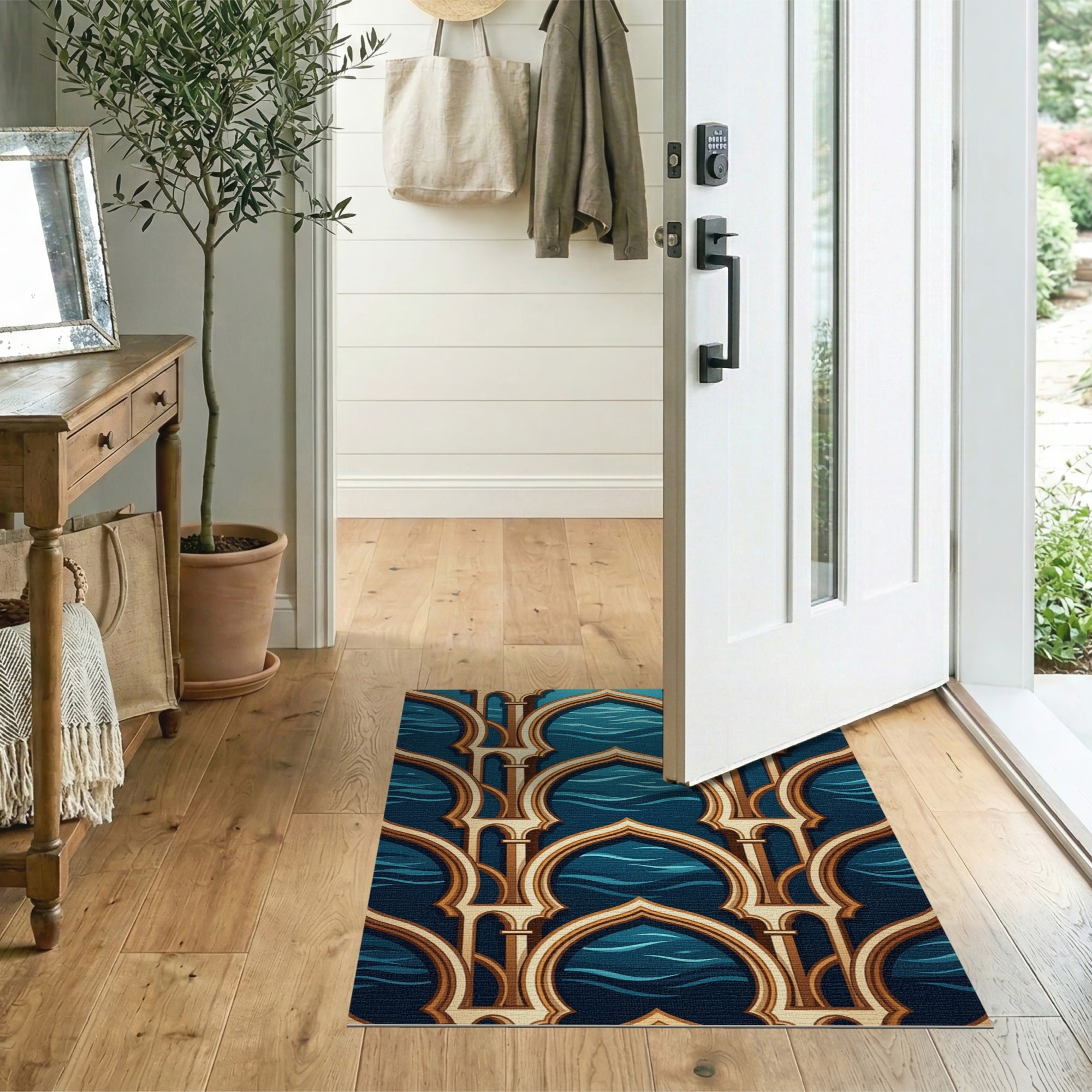 Navy Blue Gold Arched Geometric Area Rug