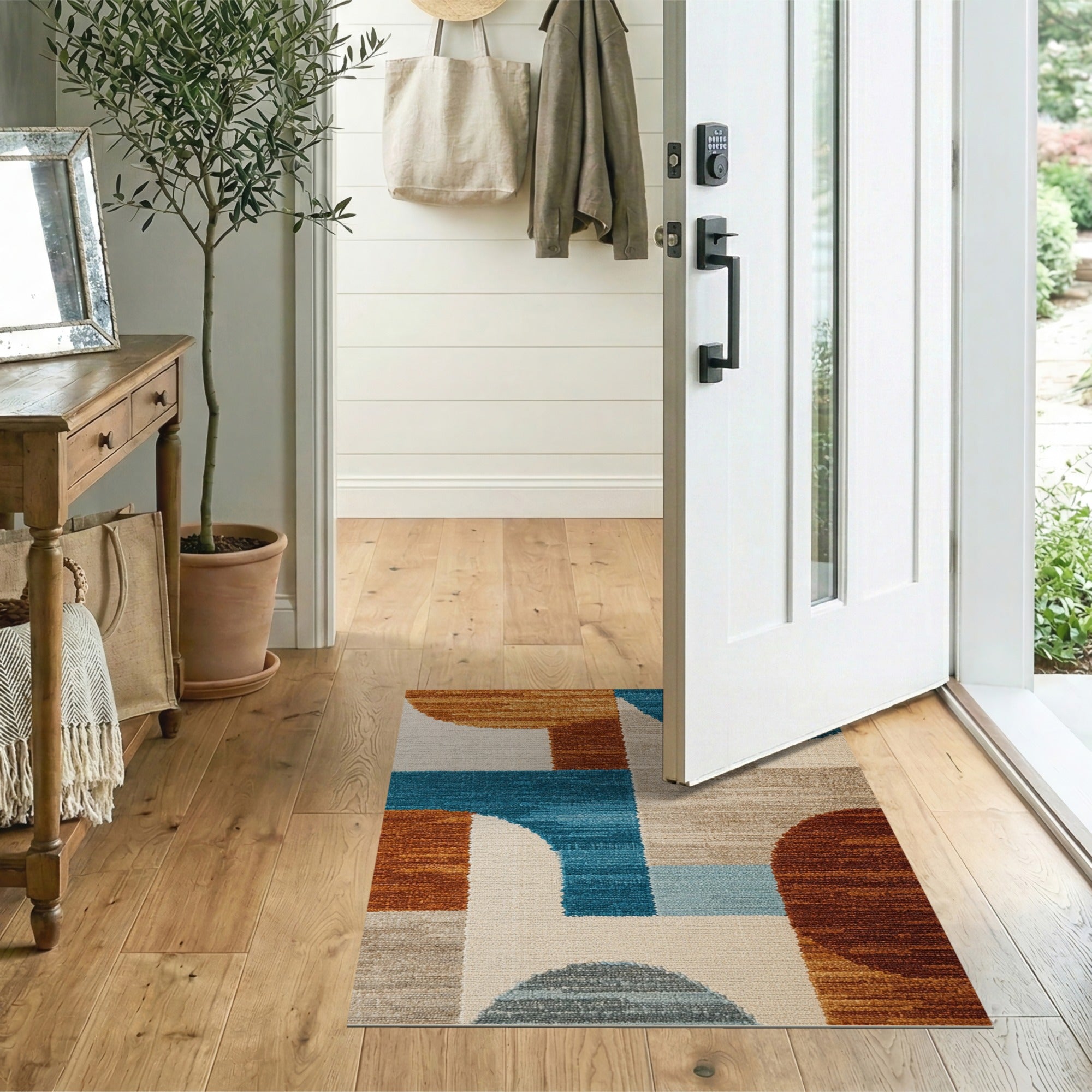 Terracotta Teal Geometric Abstract Area Rug