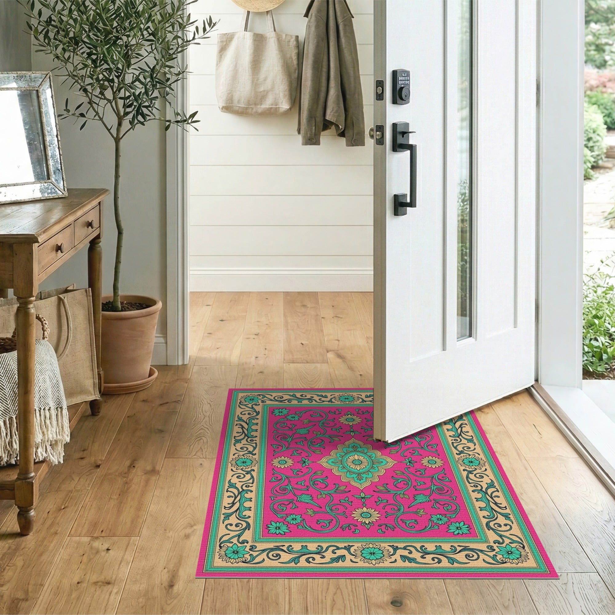 Vibrant Pink Teal Persian Floral Area Rug