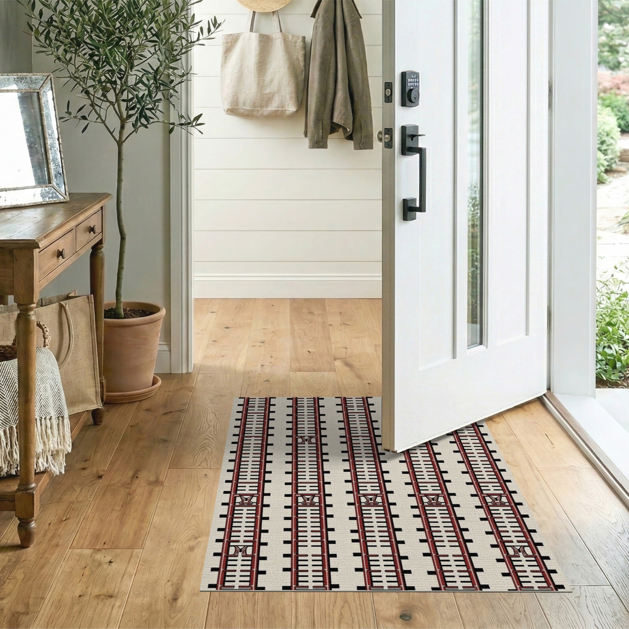 ODIKA Washable Geometric Linear Area Rug - Low Pile Non-Slip Modern Red & Black Pattern