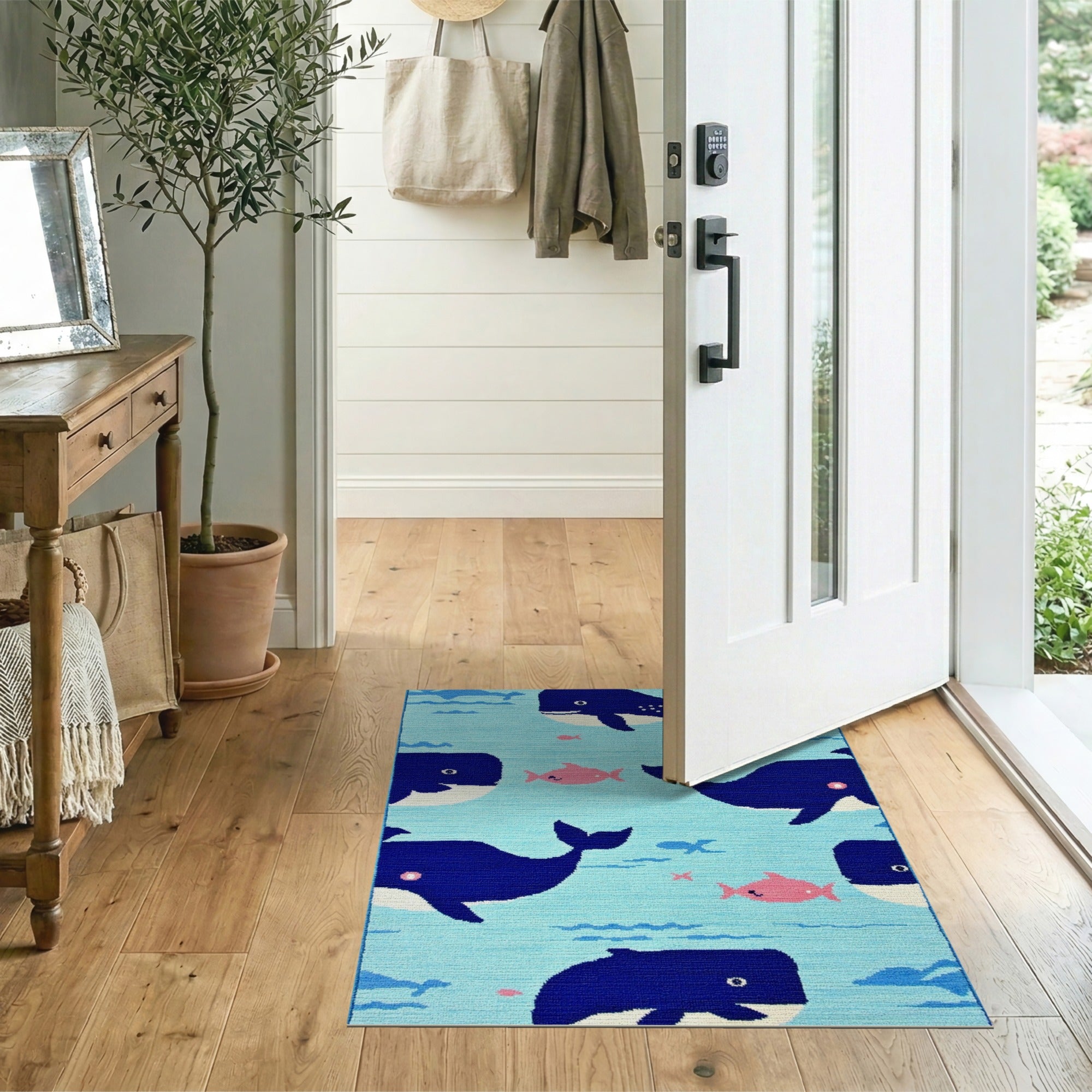 Playful Kids Cartoon Playful Whale Ocean Kids Area Rug