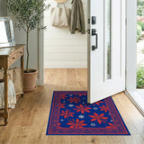 Red Poinsettia Snowflake Navy Area Rug