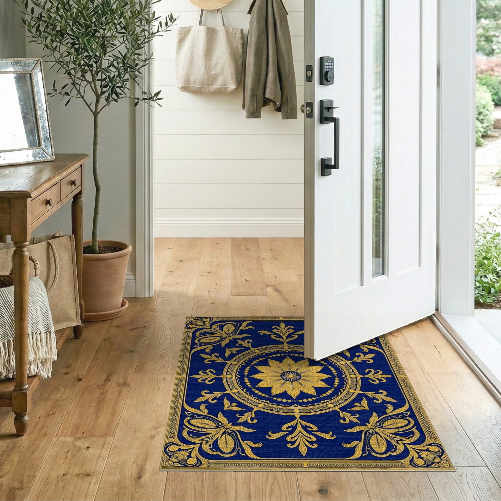 Navy Blue Gold Floral Medallion Area Rug
