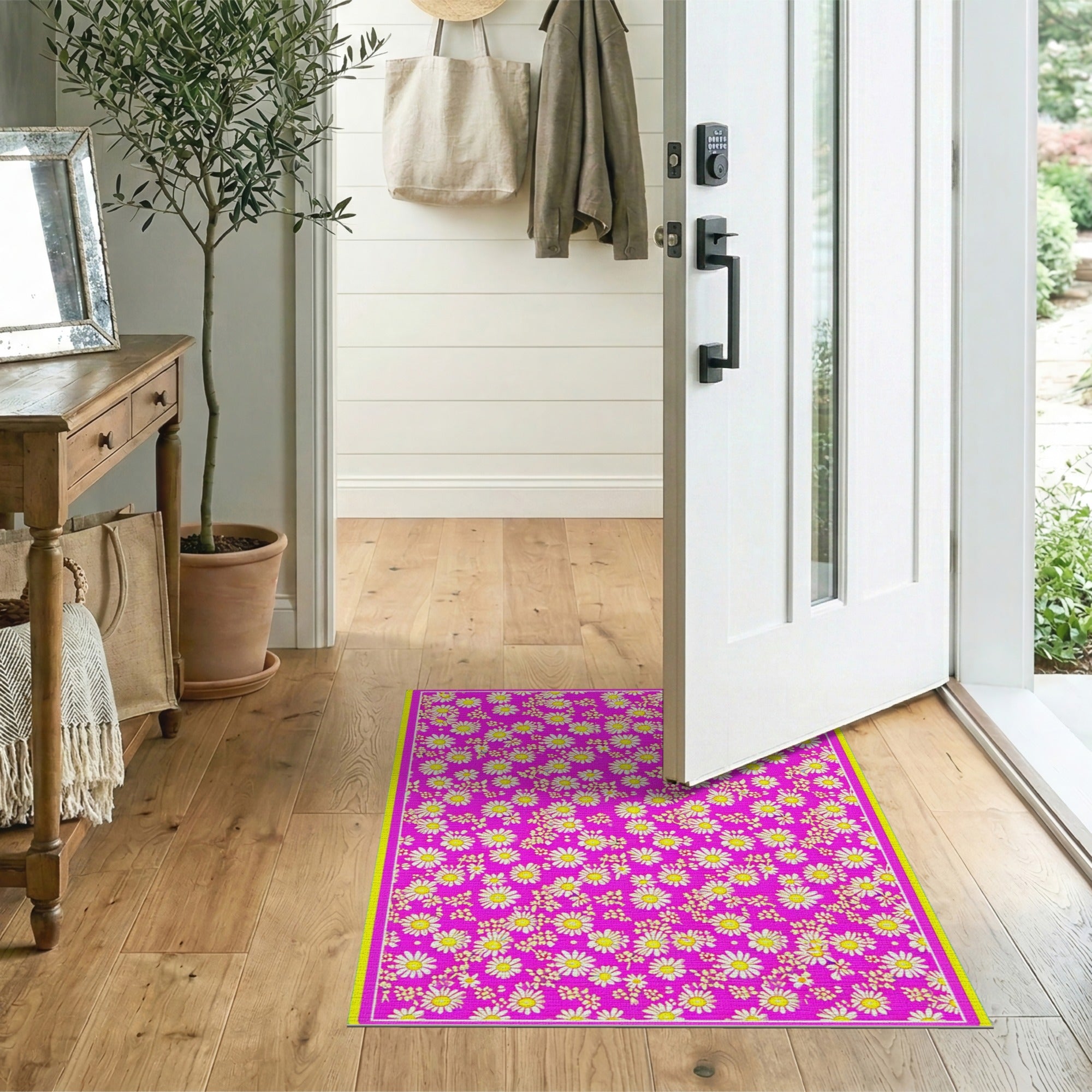 Floral Vintage Pink Vibrant Pink Daisy Floral Area Rug