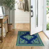 Blue and Teal Teal Floral Medallion Navy Area Rug
