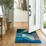 Teal Blue Abstract Wave Geometric Rug