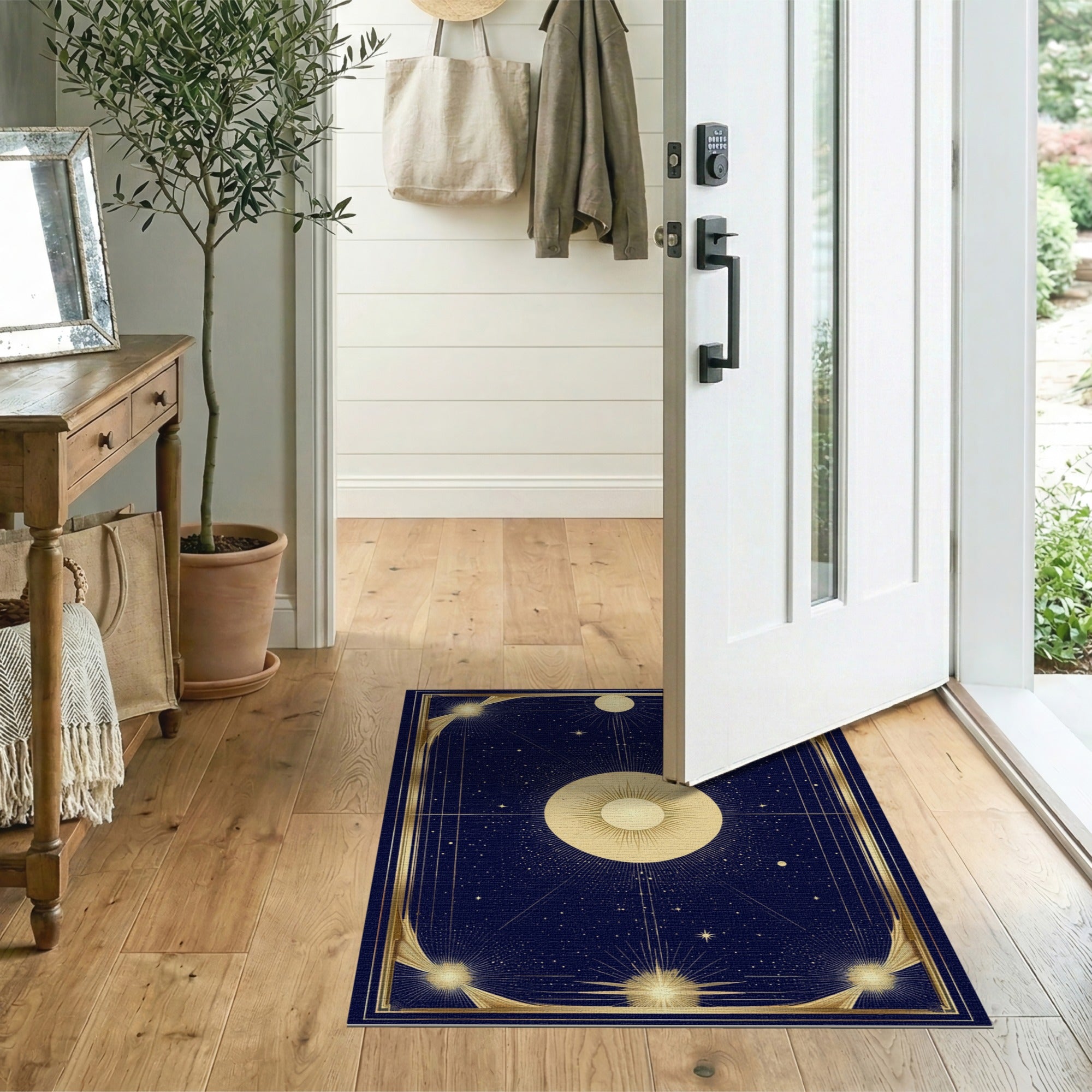Washable Celestial Sun Area Rug - Navy Blue & Gold Low Pile Non-Slip Rug