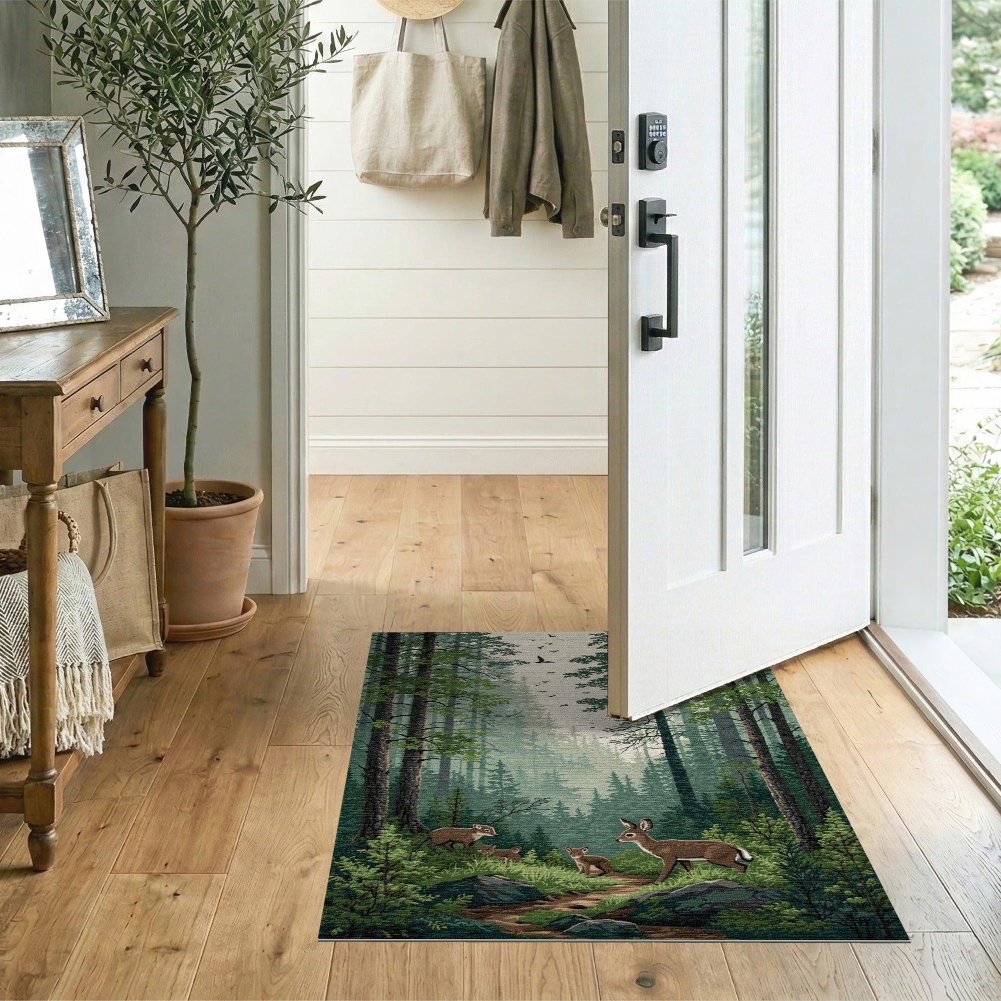 ODIKA Forest Deer Washable Area Rug - Low Pile Non-Slip Woodland Nursery Decor