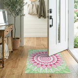 Pink Lotus Mandala Area Rug with Green Leaves