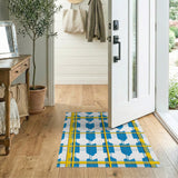 Bold Blue Yellow Geometric Grid Rug