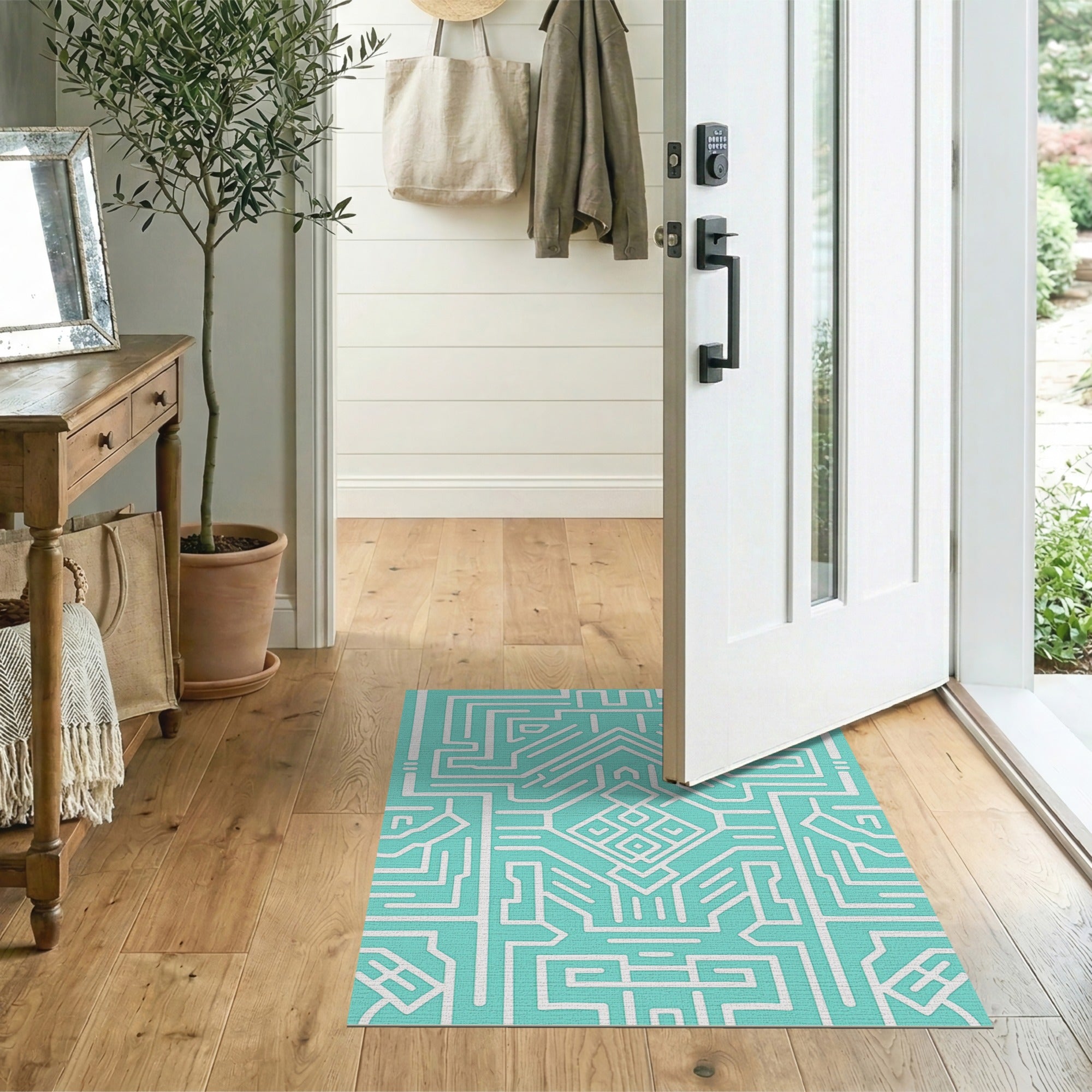 Teal Geometric Maze Labyrinth Rug