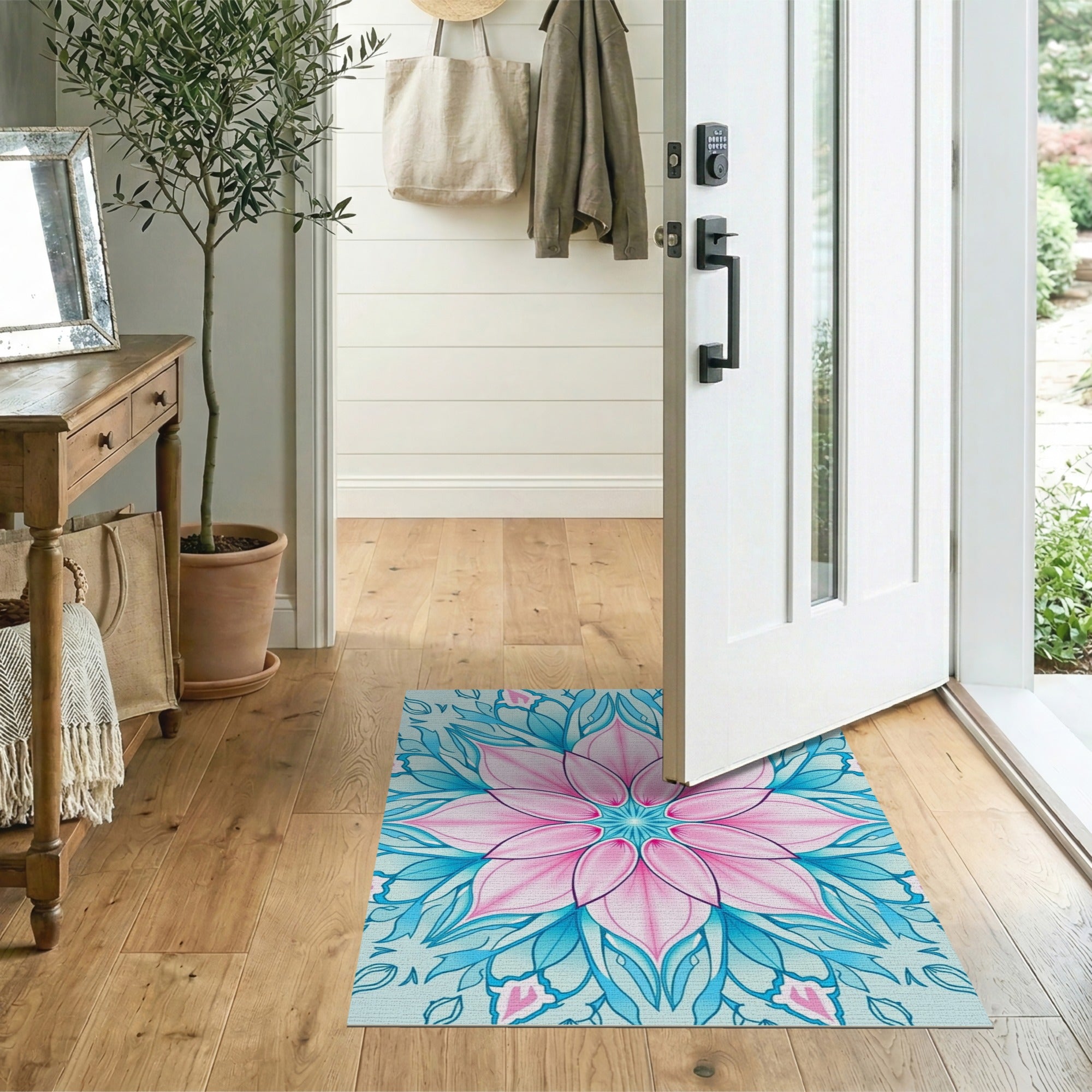 Pink Mandala Floral Area Rug in Teal Blue