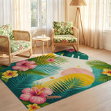 ODIKA Tropical Hibiscus Washable Rug - Pink & Teal Palm Leaf Low Pile Non-Slip Area Rug