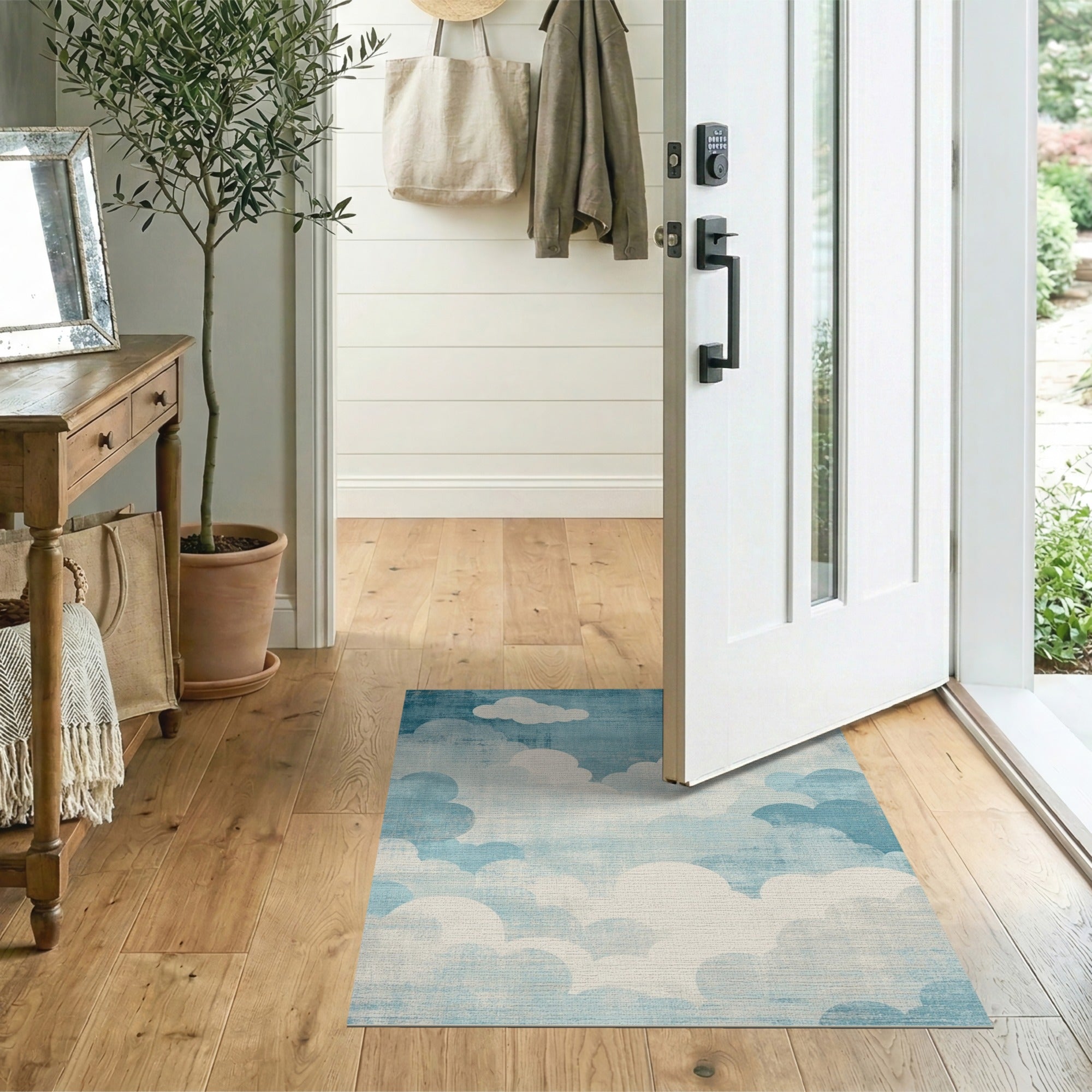 Distressed Teal Cloud Sky Area Rug