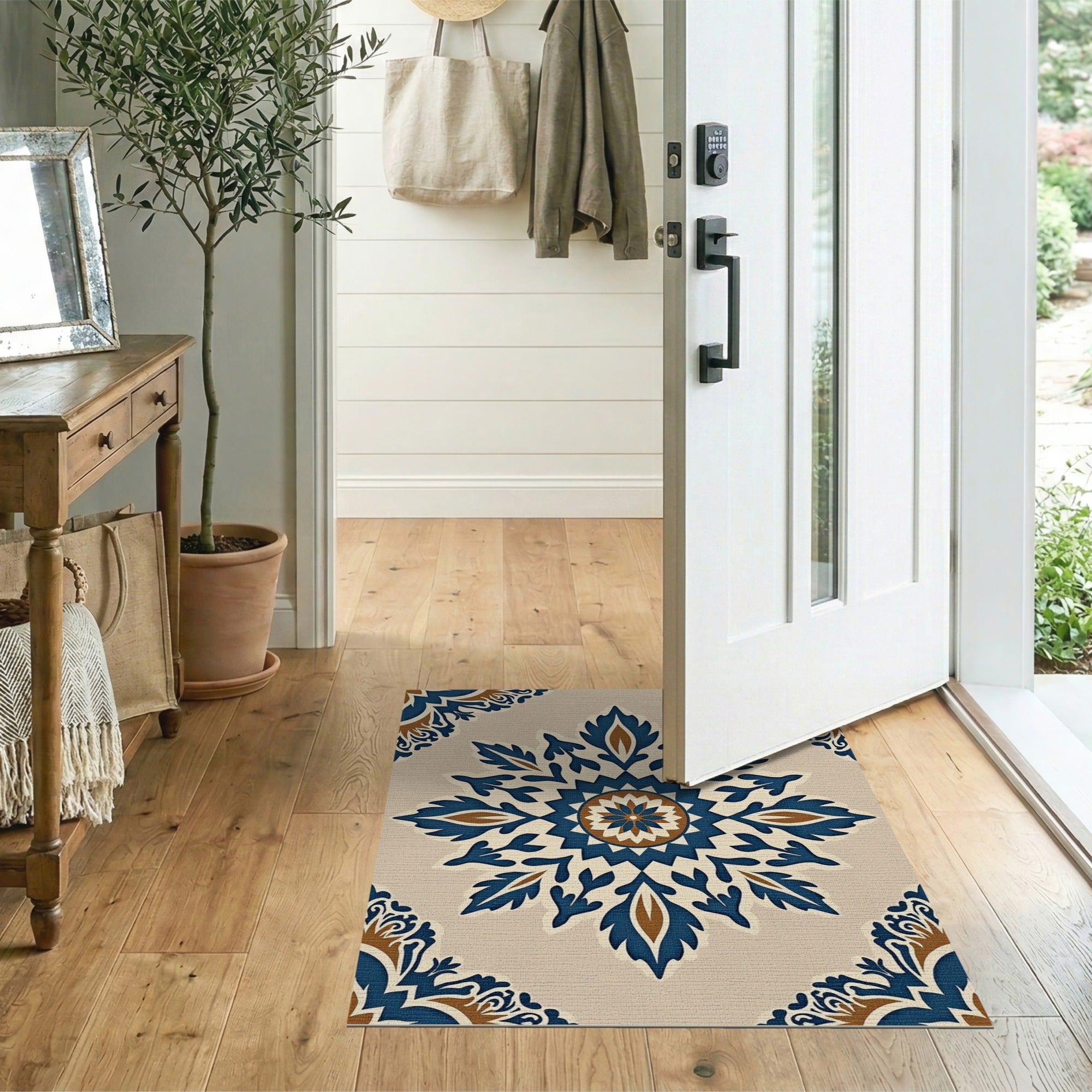 Cream Navy Blue Terracotta Medallion Persian Rug