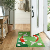 Emerald Green Koi Fish Area Rug with White Flowers