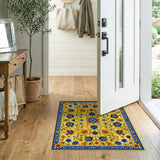 ODIKA Washable Yellow and Blue Floral Bohemian Area Rug - Low Pile & Non-Slip