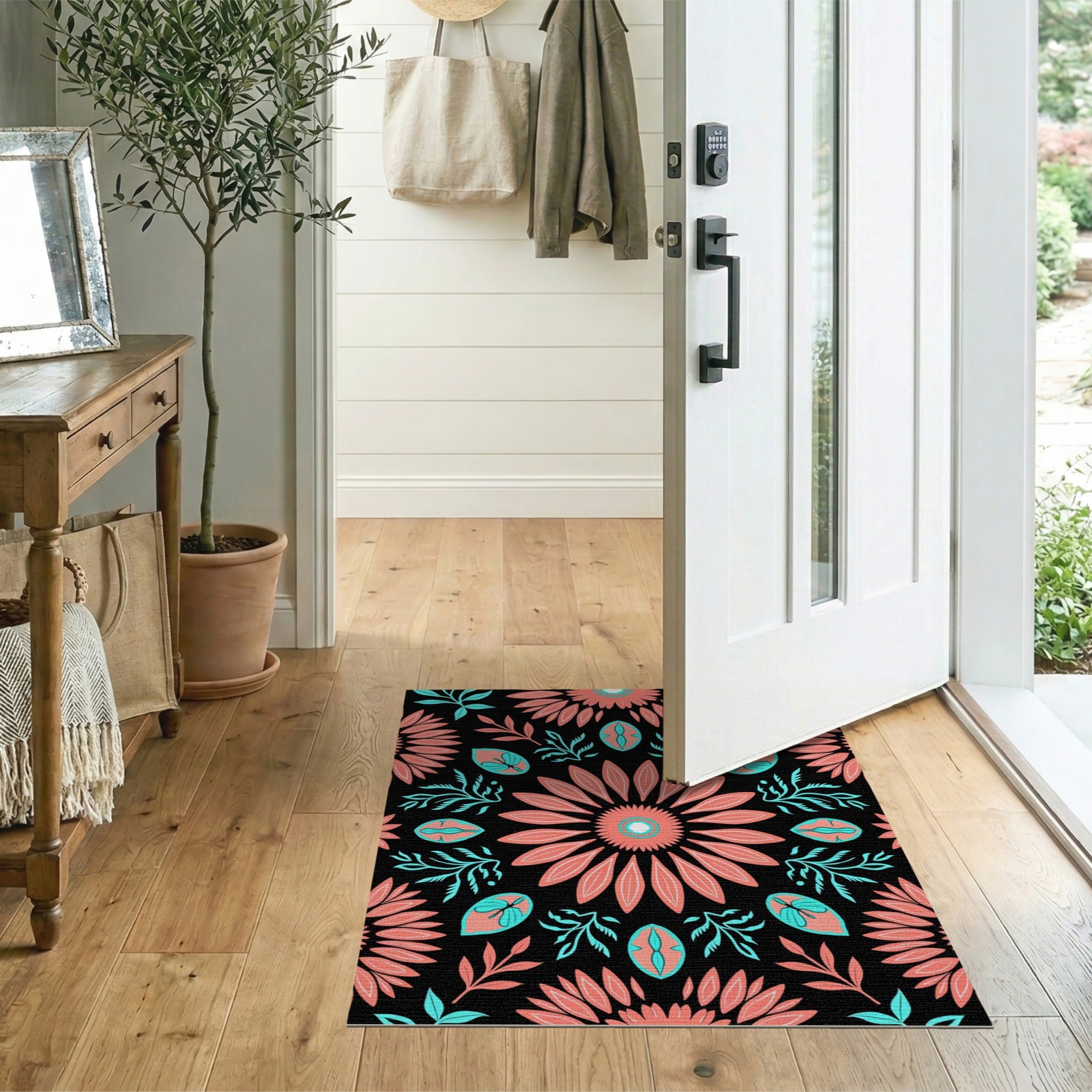 Coral Pink Sunflower Teal Leaf Black Area Rug