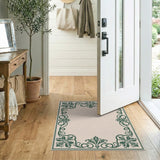Ornate Green Leaf Scroll Beige Area Rug