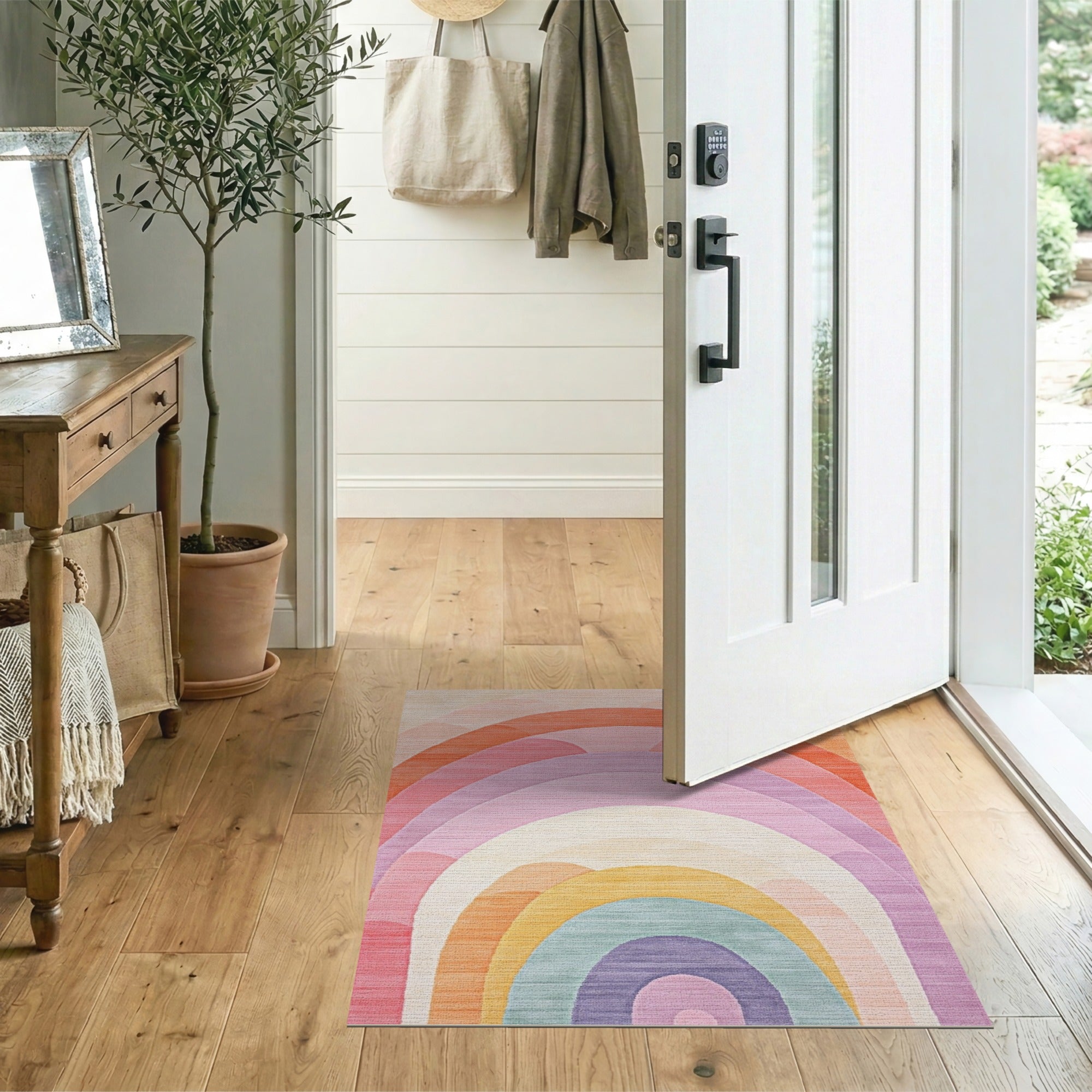 ODIKA Washable Rainbow Arch Area Rug - Low Pile Non-Slip Colorful Nursery Carpet