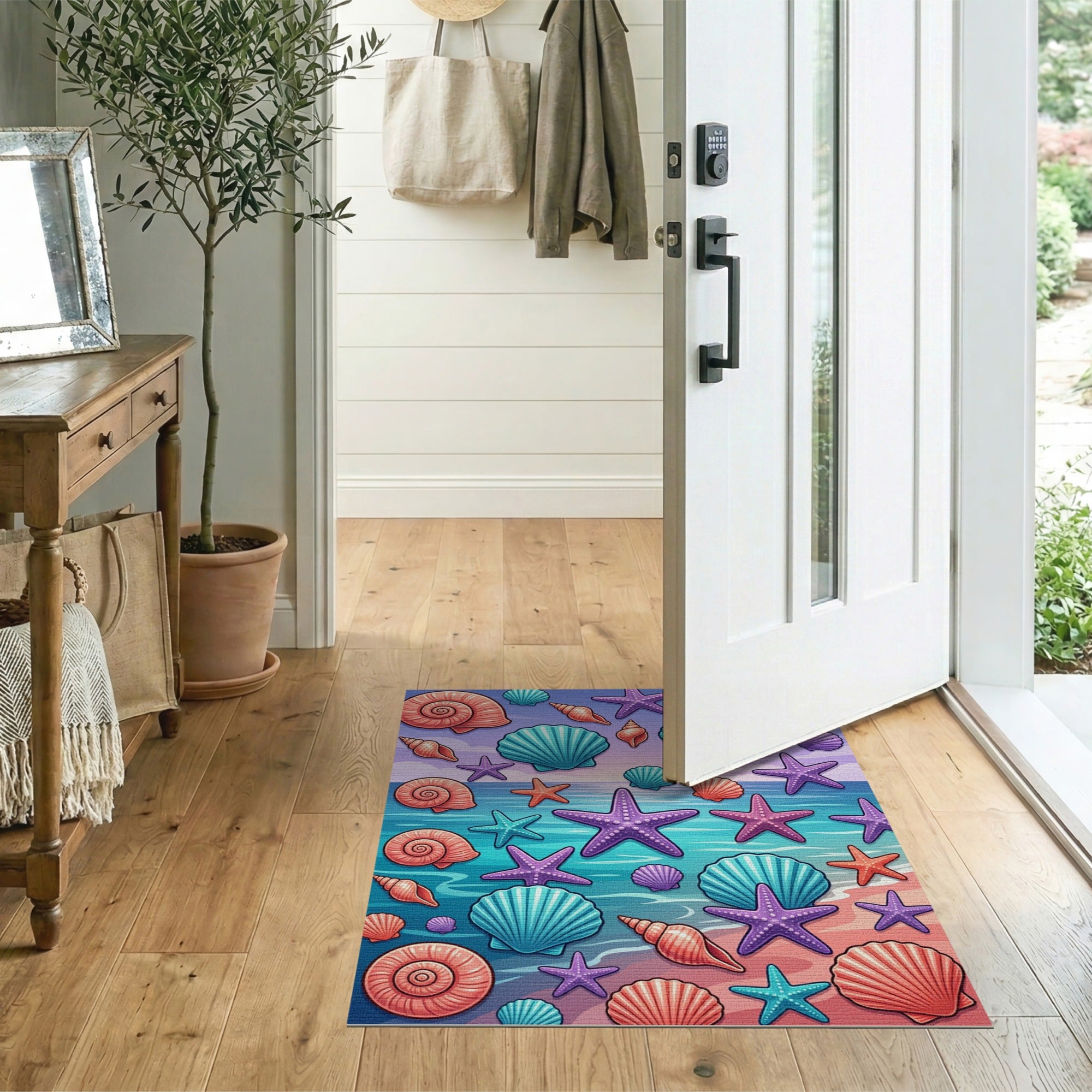 Vibrant Seashell Starfish Beach Area Rug