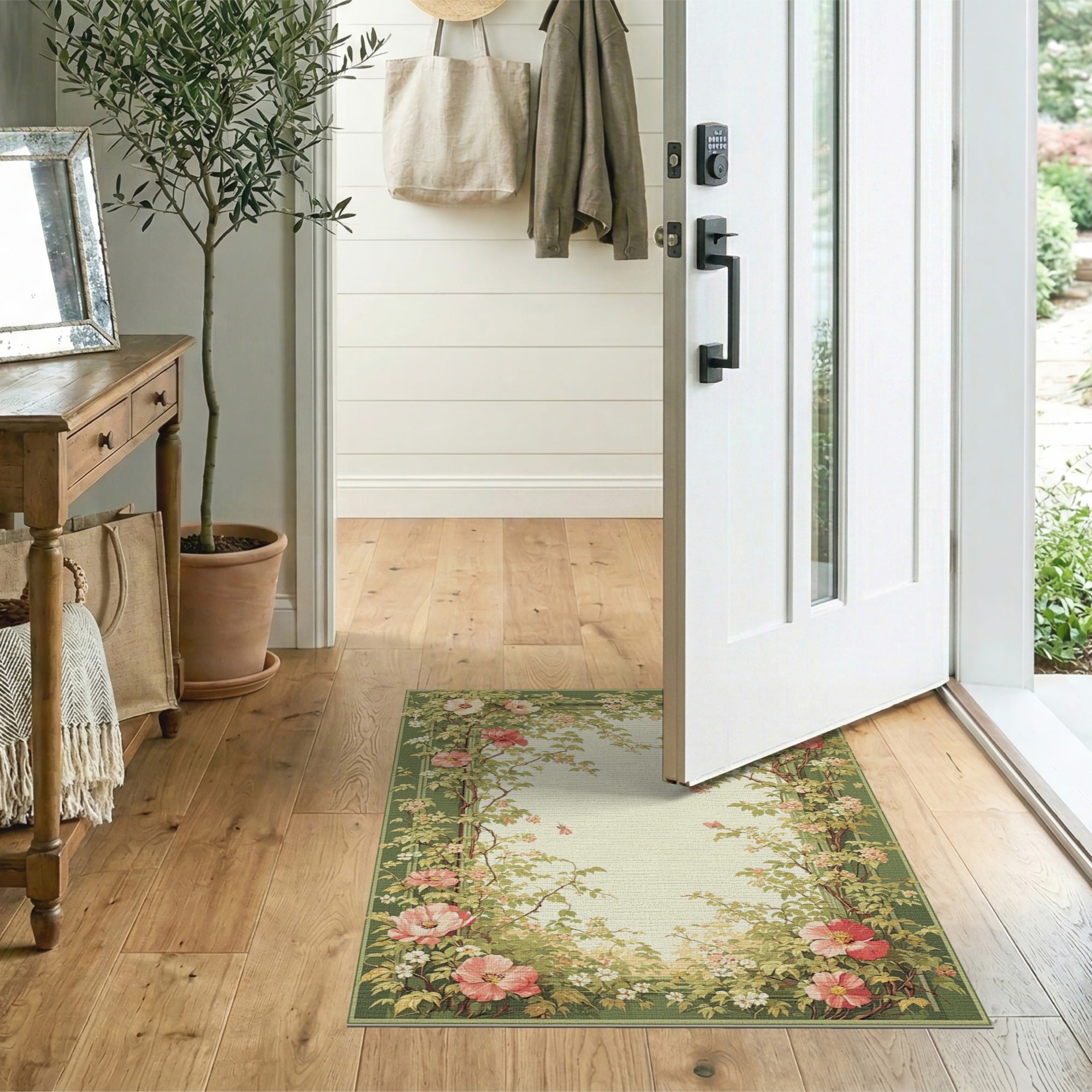 Vintage Pink Floral Vine Border Area Rug