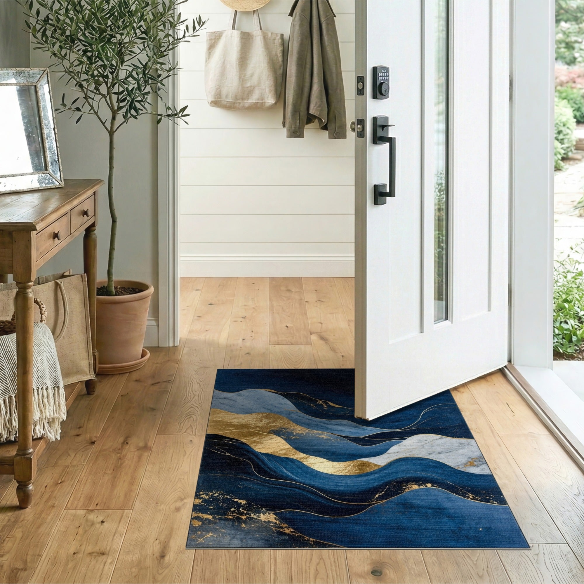 Navy Blue Gold Marble Wave Abstract Area Rug