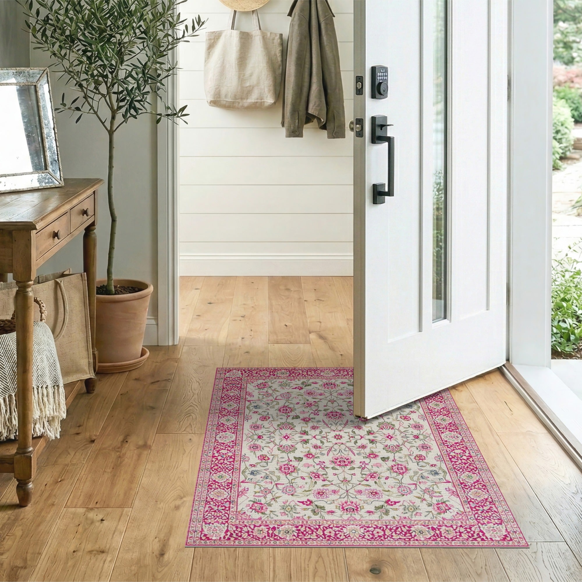 Pink Floral Persian Area Rug with Intricate Border