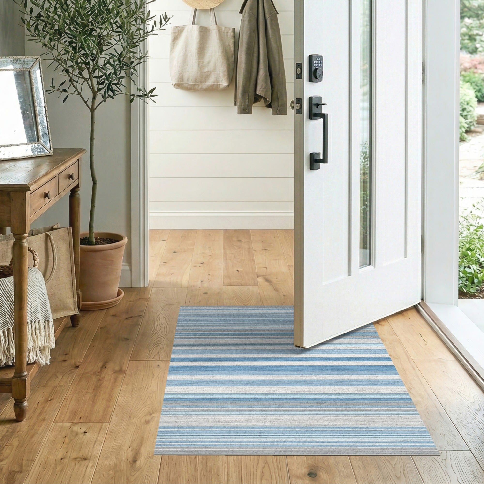 ODIKA Modern Blue Striped Washable Area Rug - Low Pile Non-Slip Carpet