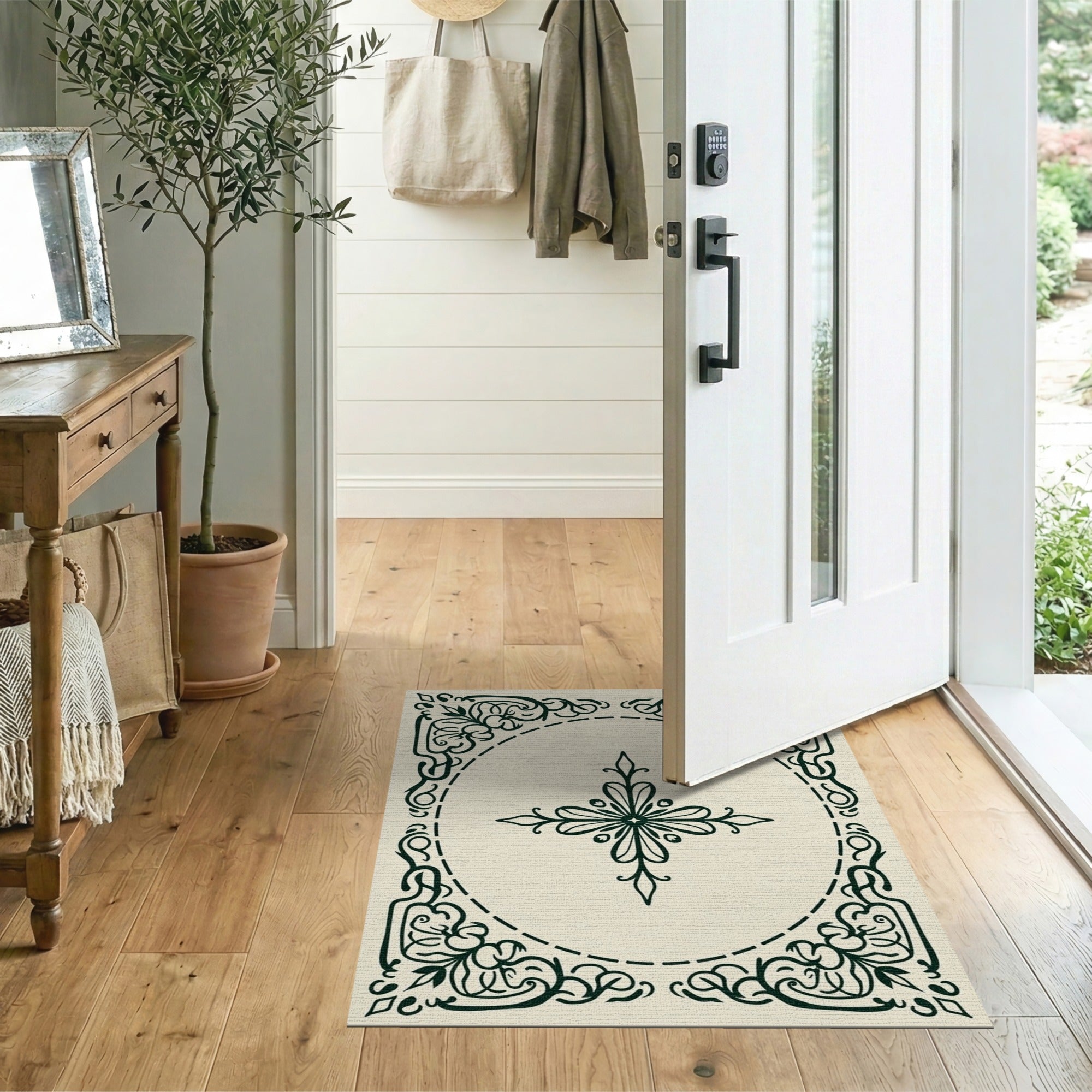 Beige and Neutral Ornate Floral Frame Area Rug