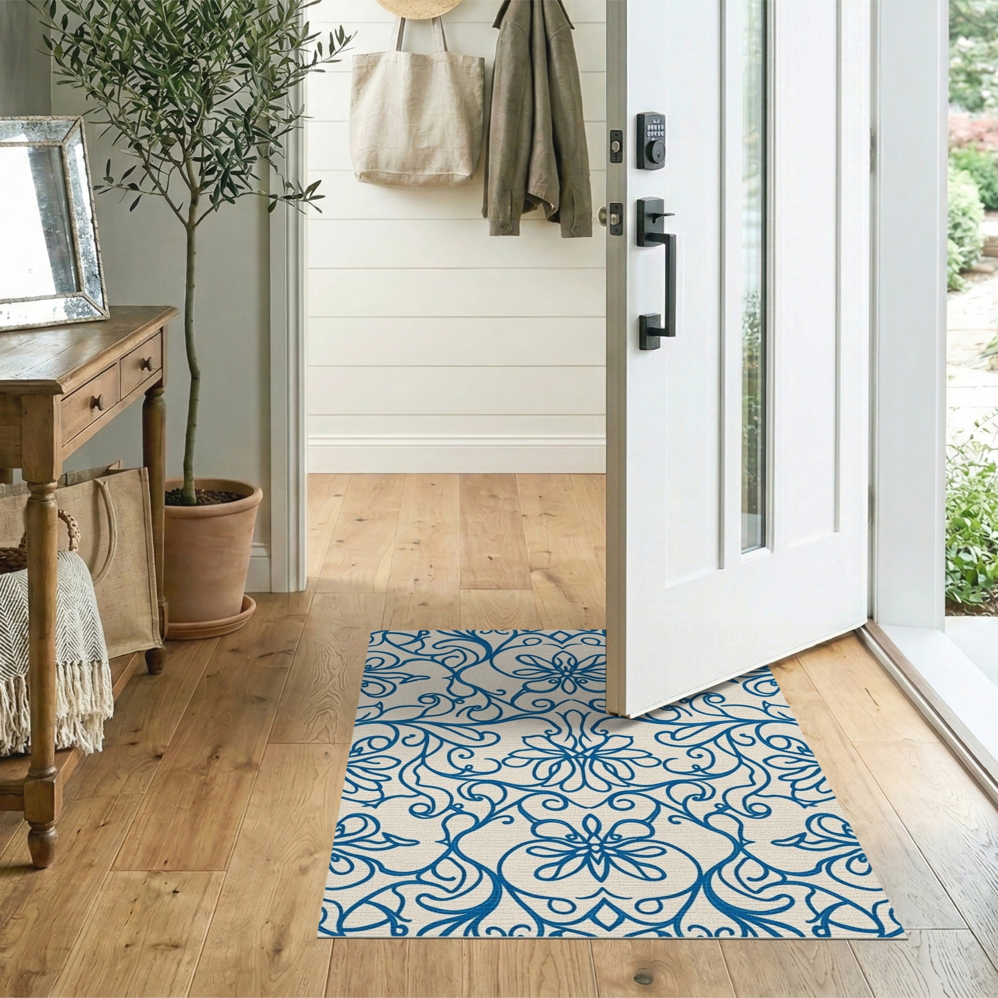 Elegant Navy Blue Floral Vine Area Rug