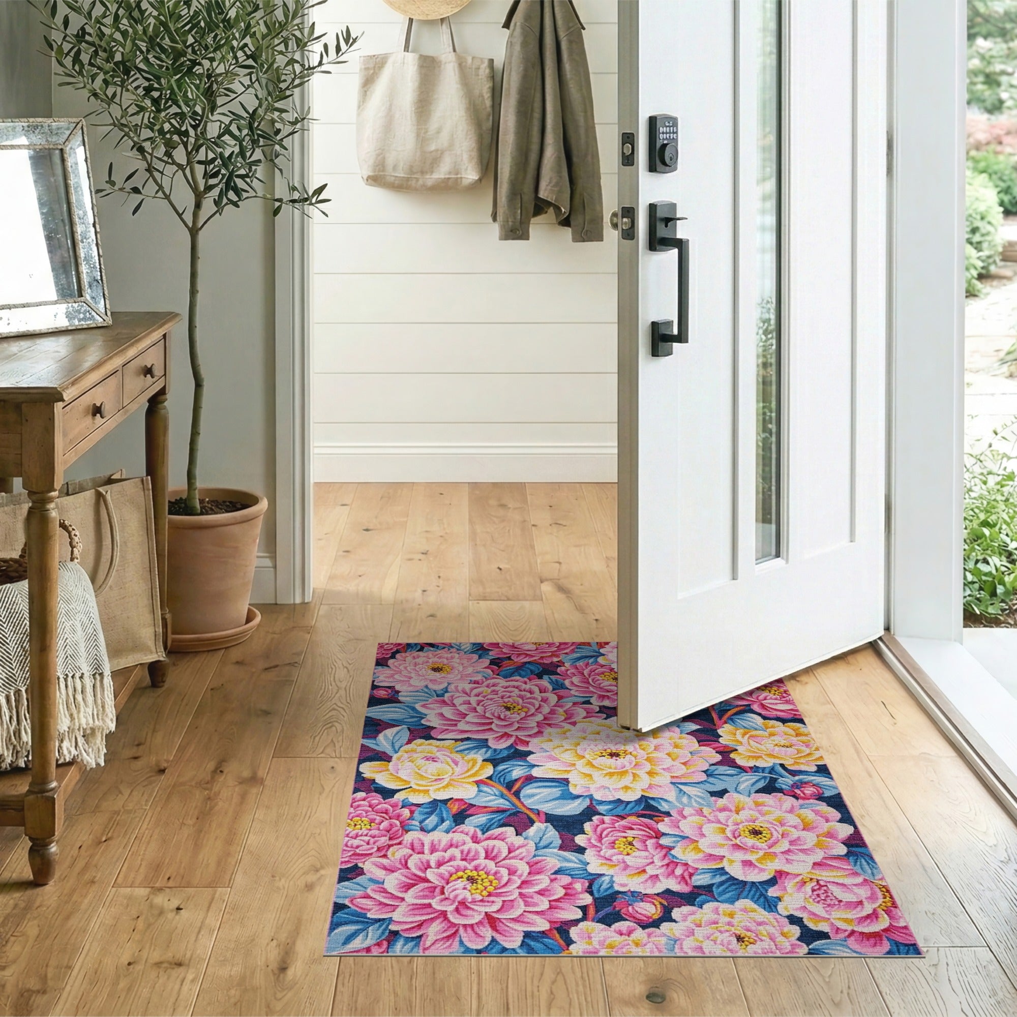 Vibrant Pink Dahlia Floral Area Rug