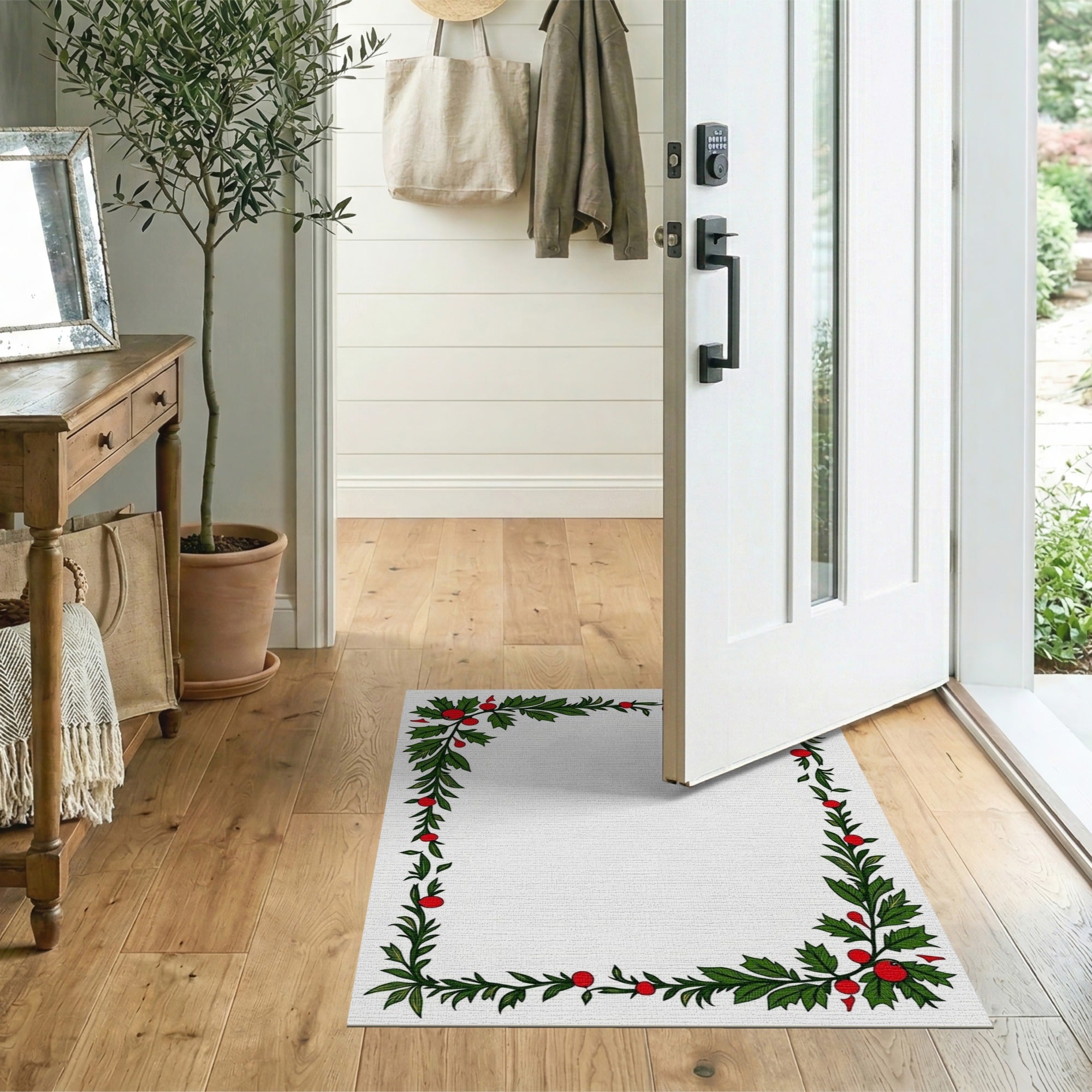 Vintage Holly Leaf Red Berry Border Rug