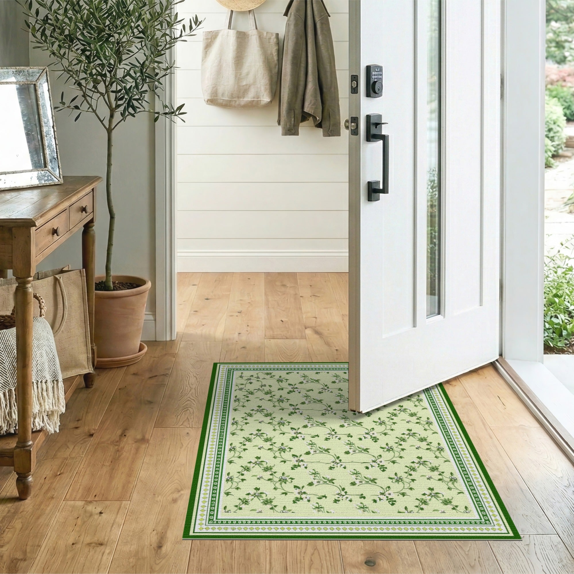 Vintage Green Floral Area Rug with Ornate Border