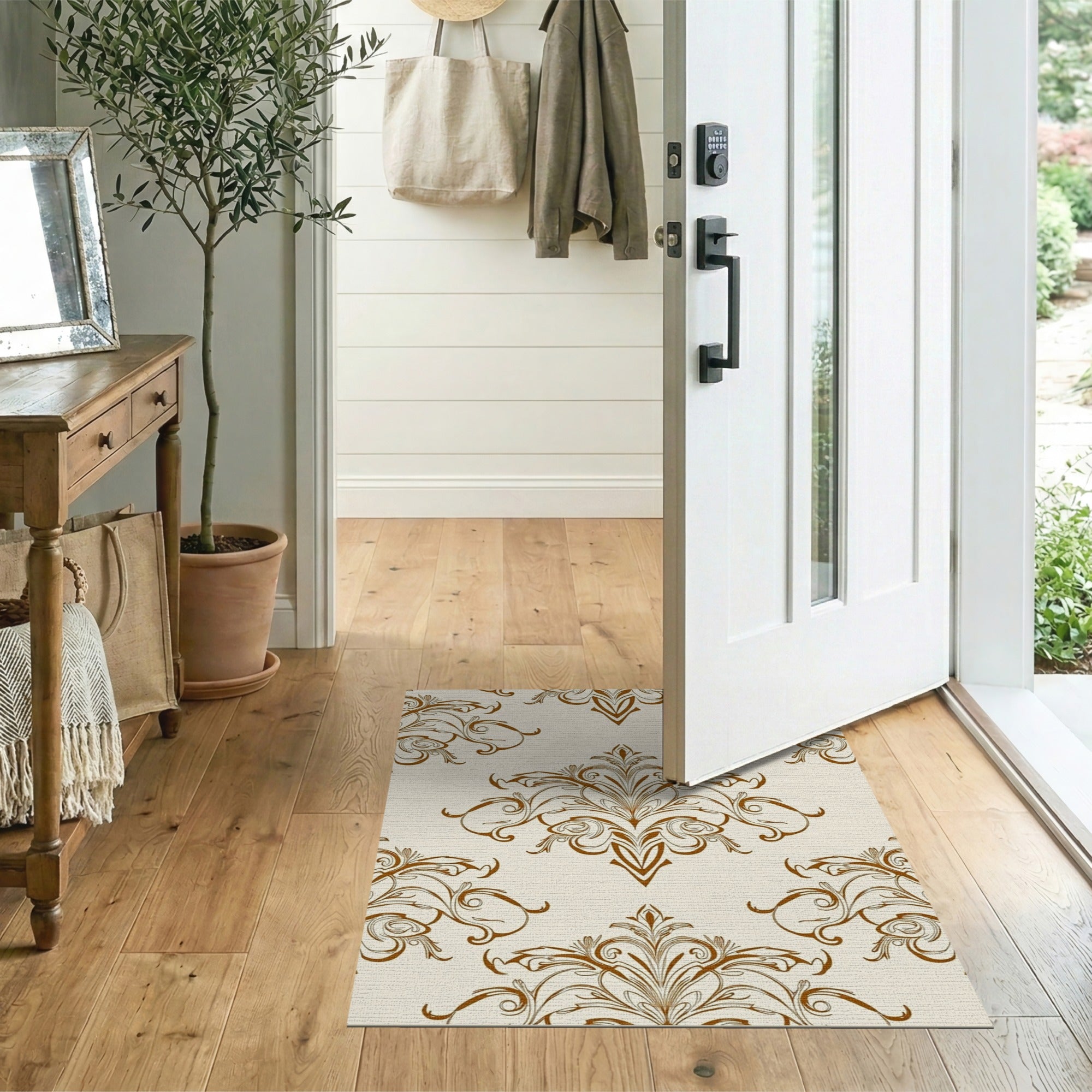 Beige and Neutral Elegant Beige Damask Floral Area Rug