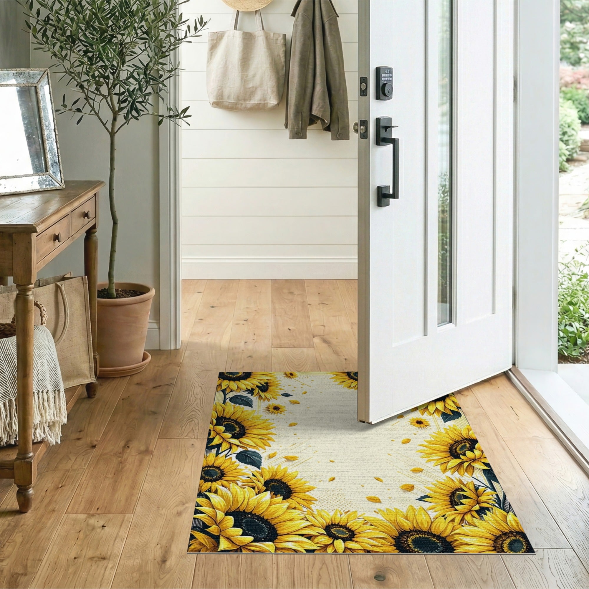 ODIKA Vintage Sunflower Floral Washable Area Rug - Low Pile Non-Slip Indoor Carpet