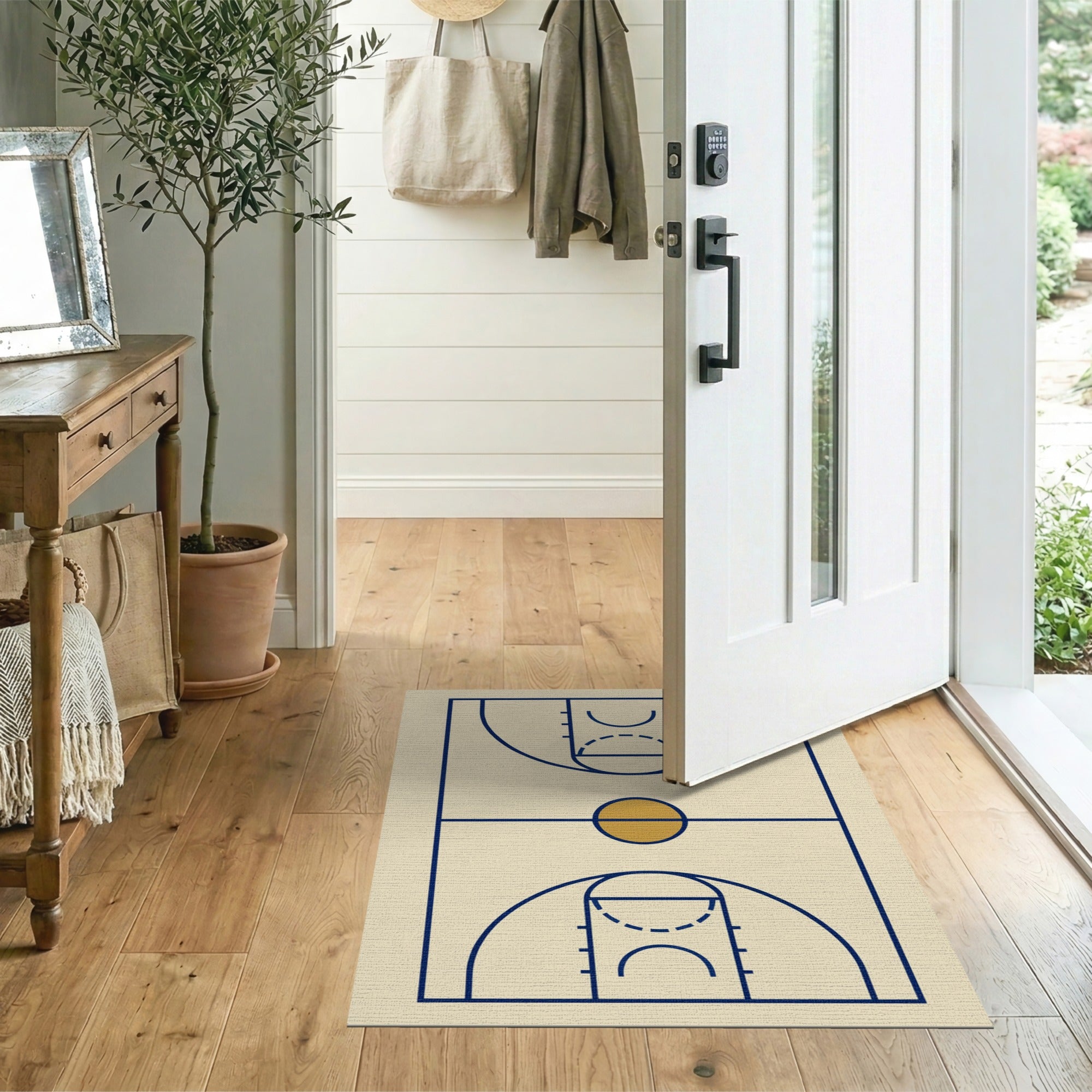 Navy Basketball Court Blueprint Area Rug