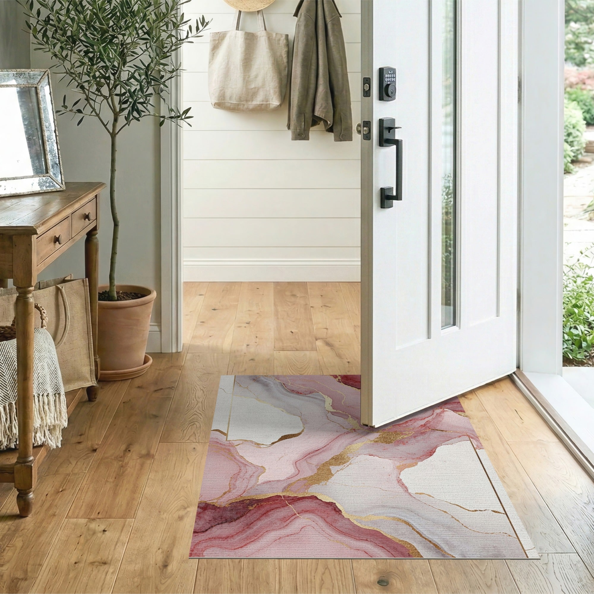 Rose Pink Gold Fluid Abstract Area Rug