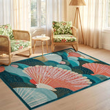 ODIKA Coastal Seashell Fan Pattern Washable Low Pile Area Rug - Teal & Coral Pink
