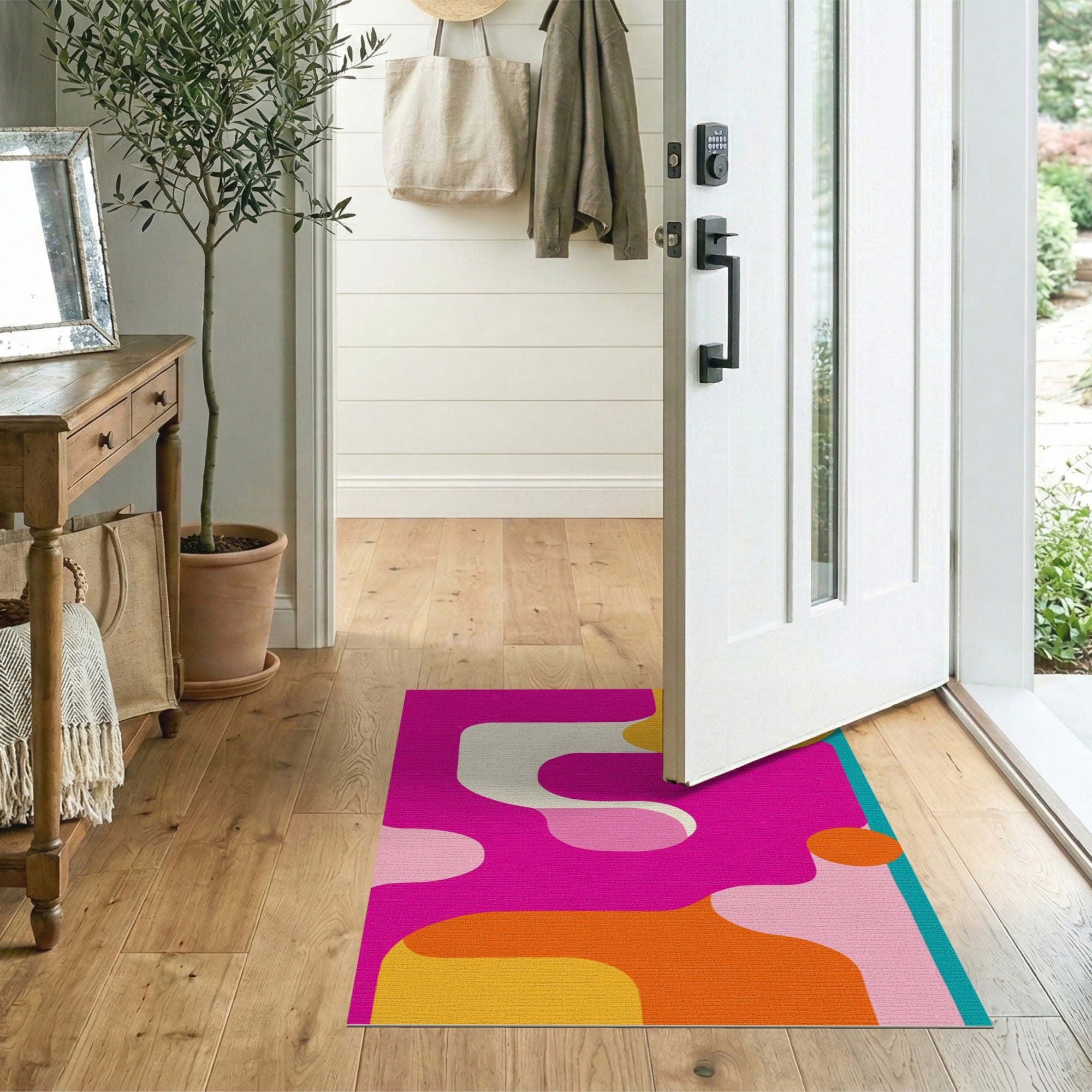 ODIKA Abstract Mid-Century Modern Washable Area Rug - Vibrant Pink & Orange Low Pile