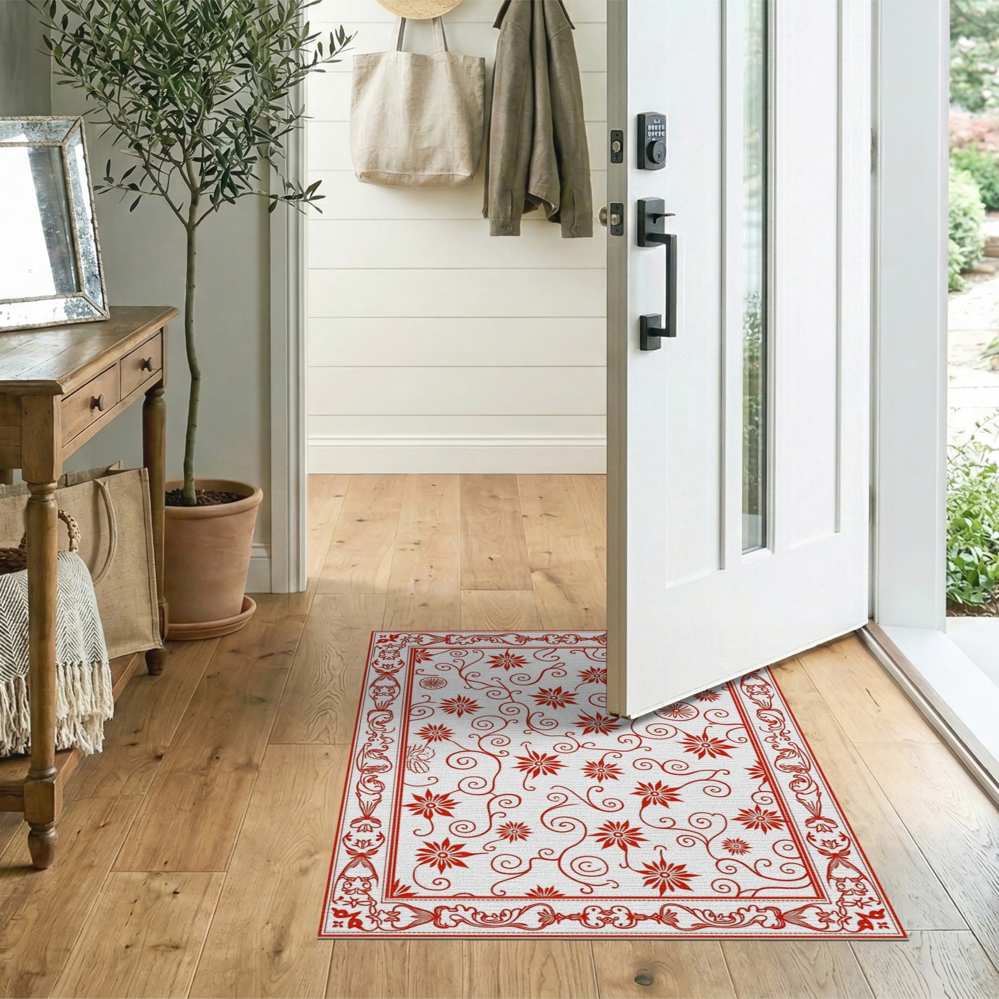 Red Floral Vintage Area Rug with Ornate Border