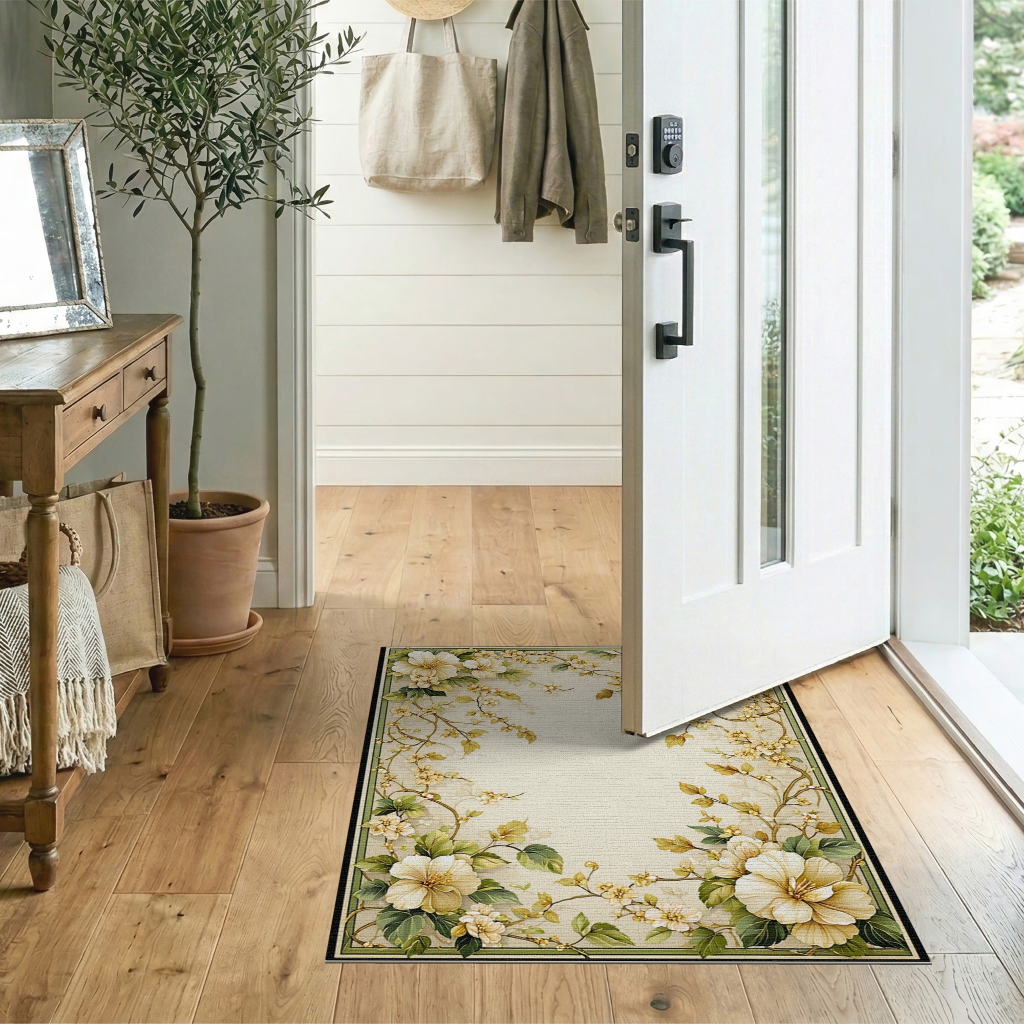 ODIKA Vintage Floral Washable Rug - Cream & Sage Green Low Pile Non-Slip Area Rug
