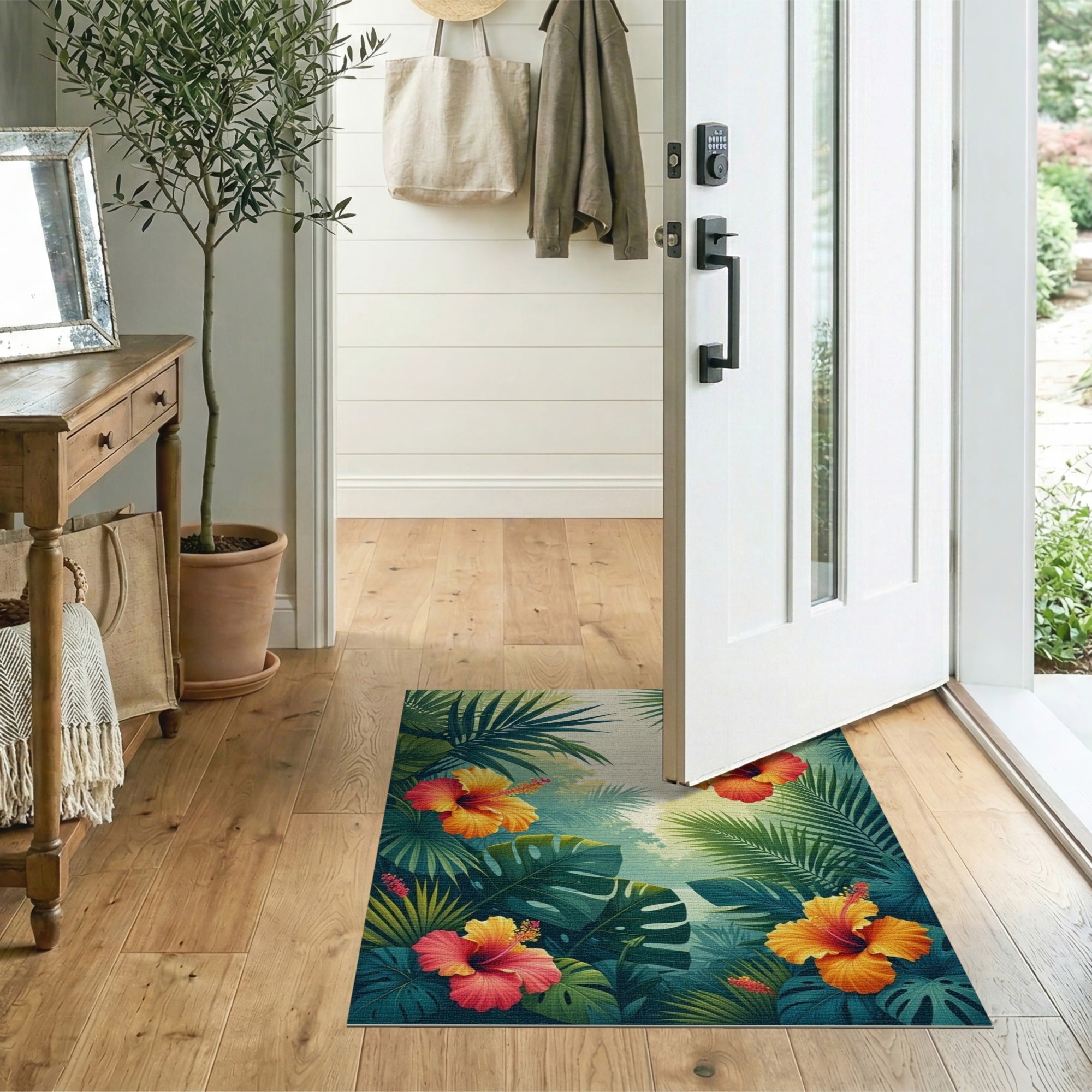 ODIKA Tropical Hibiscus Floral Washable Area Rug - Non-Slip Low Pile Palm Leaf Carpet