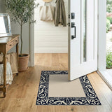 Ornate Navy Ivory Border Beige Area Rug