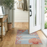 Coral Reef Seashell Blue Striped Coastal Rug