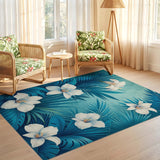 ODIKA Tropical Teal Palm & White Lily Washable Low Pile Area Rug