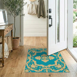 Teal Gold Ornate Floral Area Rug