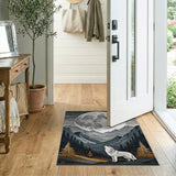 Blue and Teal Wolf Howling at Full Moon Mountain Rug